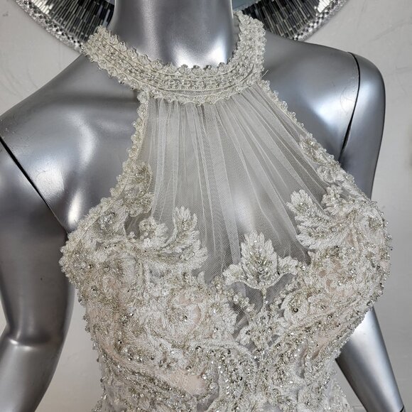 NWT~$1899~EDDY K COUTURE~SZ 2/4~CHAMPAGNE IVORY EMBELLISHED HALTER WEDDING DRESS - Picture 3 of 16